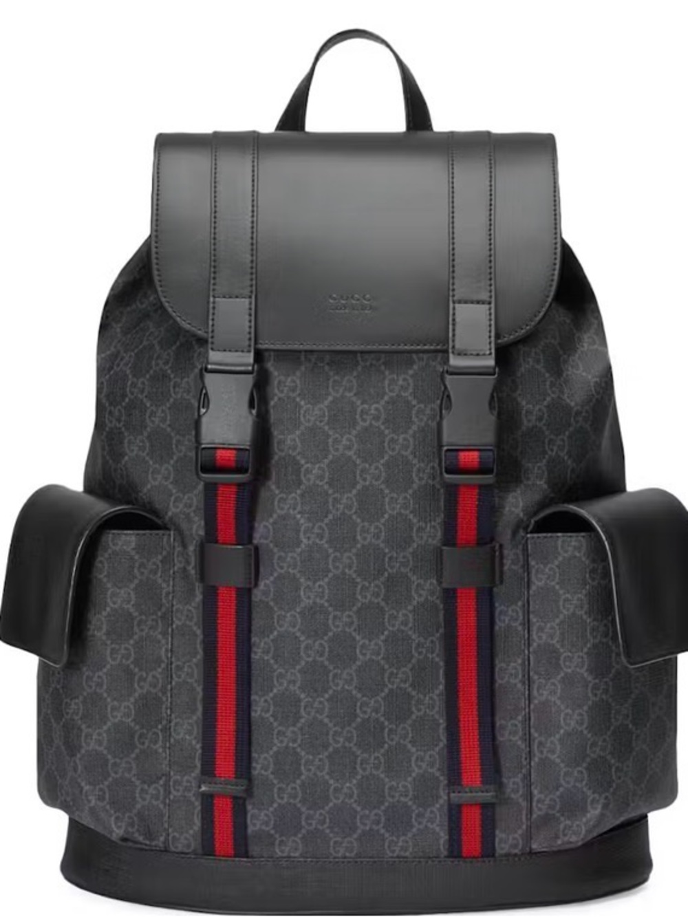 Brand New Gucci  Black GG Supreme Backpack with Red and Blue Web Straps